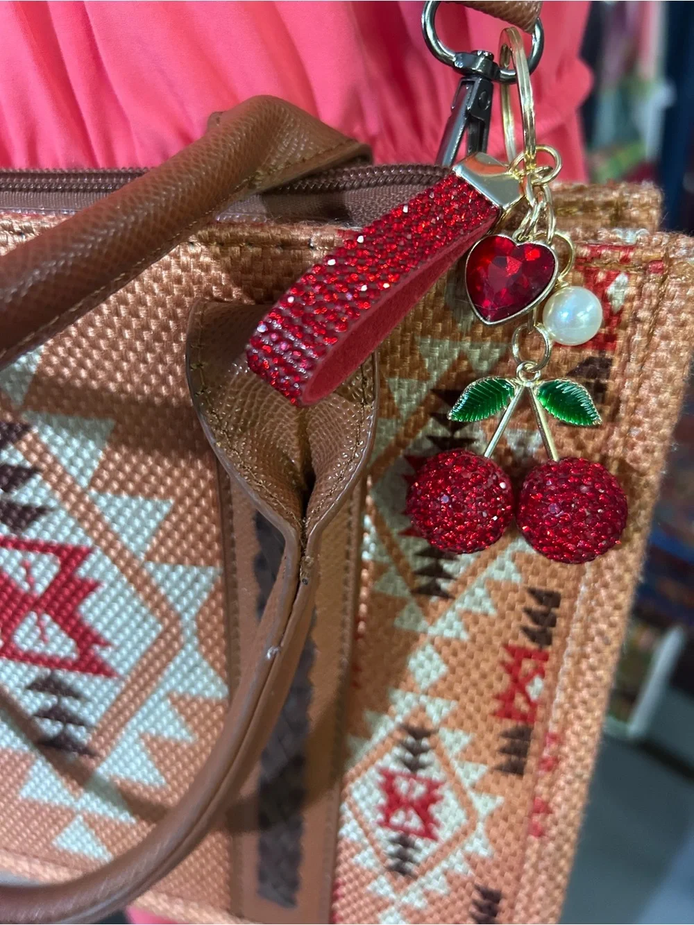 2 Red Aztec-Pattern Crossbody Tote Bags with Removable Strap and bag charm